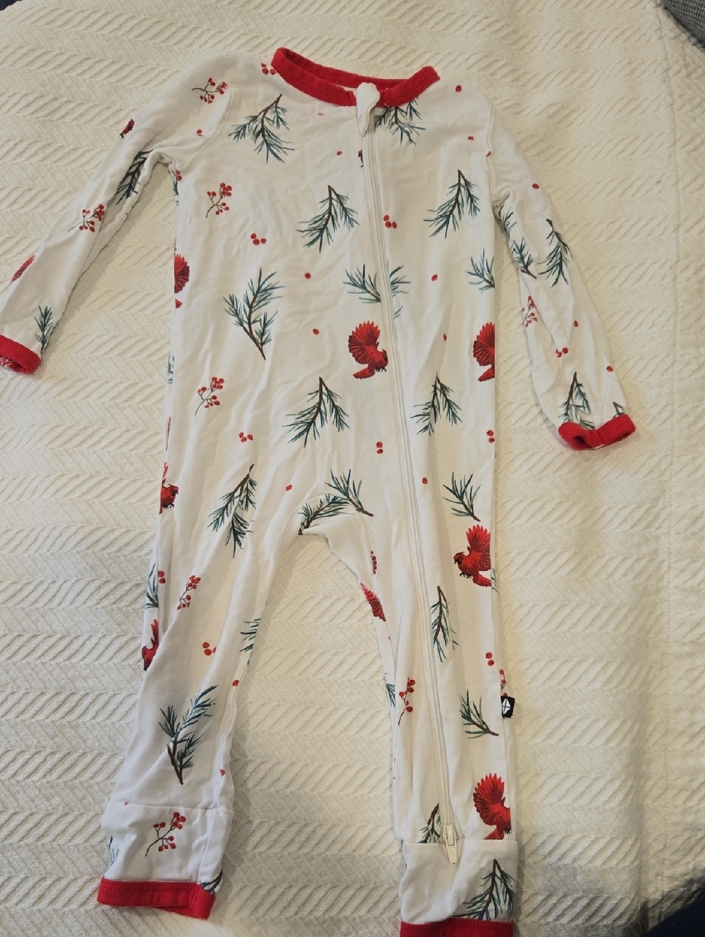 Kyte BABY White Footed One-Piece with Red Cardinal & Green Pine Print